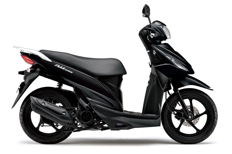 Load image into Gallery viewer, A black 2026 Suzuki UK110 scooter shown from a side profile view against a clean white background.