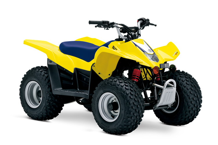 Load image into Gallery viewer, A yellow and blue y2026 Suzuki LT-Z50 QuadSport 50 with black tires, silver rims, and red suspension springs, shown from a three-quarter front angle on a white background.