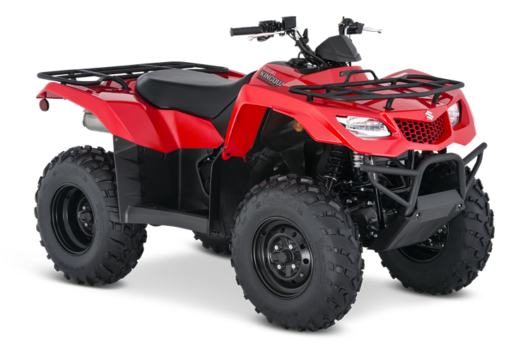 Load image into Gallery viewer, A red and black 2026 Suzuki LT-A400F KingQuad 400 4WD Auto with a front cargo rack, rear luggage rack, and black knobby tires, shown from a three-quarters angle on a white background.