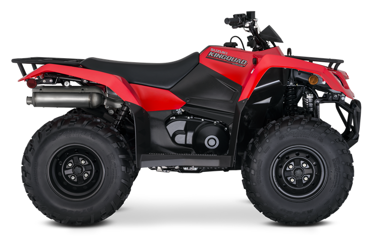 Load image into Gallery viewer, A red and black 2026 Suzuki LT-A400F KingQuad 400 4WD Auto shown from a side profile view against a solid white background.