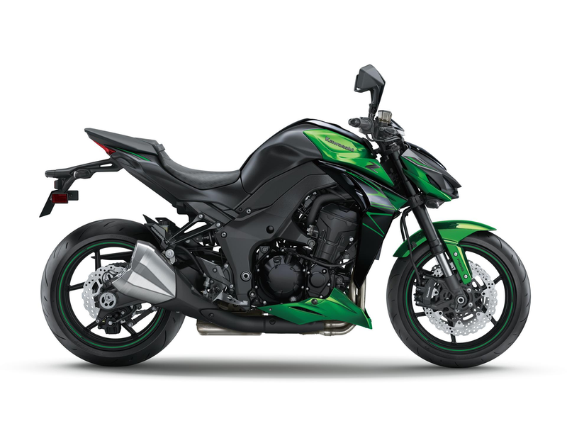 Load image into Gallery viewer, A side profile view of a Kawasaki Z1000 sport motorcycle, featuring a black and green color scheme with silver accents on the exhaust and wheels, set against a plain white background.