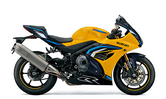 Load image into Gallery viewer, A 2027 Suzuki GSX-R 1000 R sport motorcycle in bright yellow with black and blue graphics, shown from a side profile view against a plain white background.