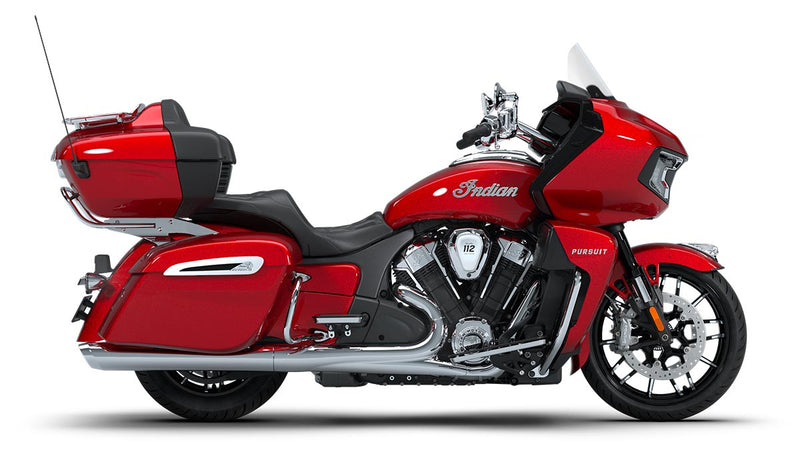 Load image into Gallery viewer, A Sunset Red Metallic Indian Pursuit motorcycle with black and silver components, shown in a side profile on a white background.