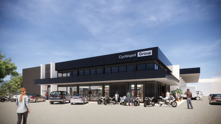 A rendering of the exterior of Cyclespot's 3,500 sqm motorcycle mecca for bikes, gear, and accessories