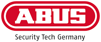Abus logo featuring the brand name in bold, white-on-red lettering, representing high-security German motorcycle locks.