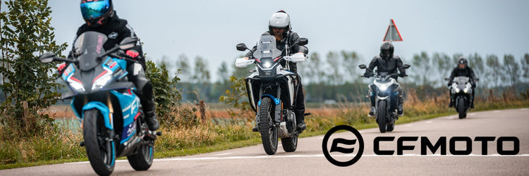 CFMOTO adventure motorcycles riding on an open road with CFMOTO logo.