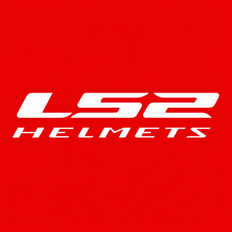 White LS2 Helmets logo displayed on a solid red background.