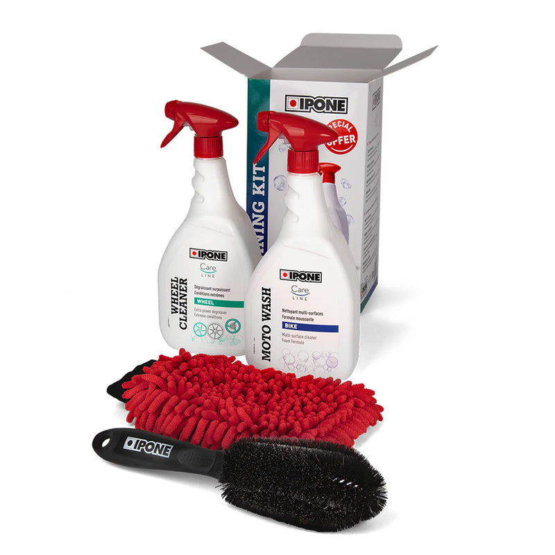 Load image into Gallery viewer, IPONE Cleaning Kit with 1L Moto Wash, 1L Wheel Cleaner, Microfiber Wash Mitt and Wheel Rim Brush
