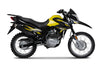 A 2026 Suzuki DR150 motorcycle with a black and yellow color scheme, featuring knobby off-road tires, a high windscreen, and a black seat, shown from a side profile on a white background.