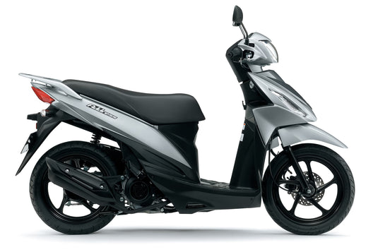 A silver and black 2026 Suzuki UK110 scooter shown from a side profile view against a plain white background.