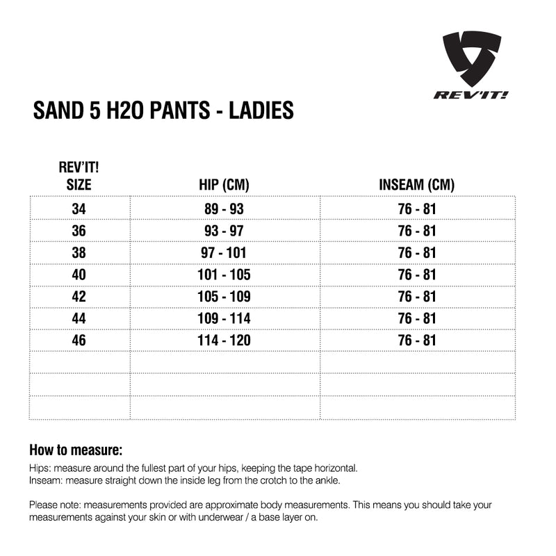 Load image into Gallery viewer, Size chart for REVIT Sand 5 H2O Ladies Pants
