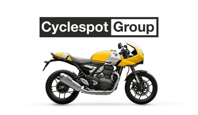 Load image into Gallery viewer, Yellow and black 2026 Triumph Thruxton 400 cafe racer motorcycle with 'Cyclespot Group' logo above it on a white background
