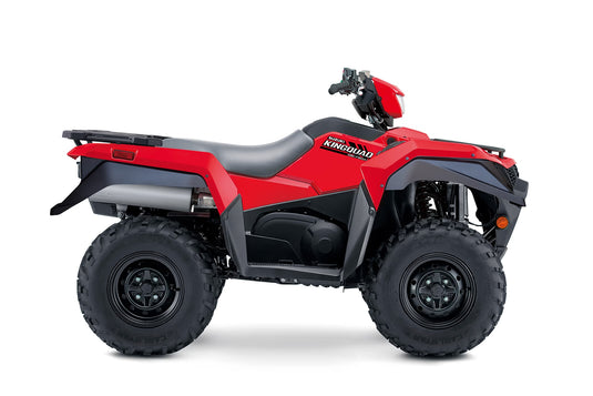 A red and black 2026 Suzuki KingQuad 750 Power Steer four-wheeler ATV shown from a side profile view on a clean white background.