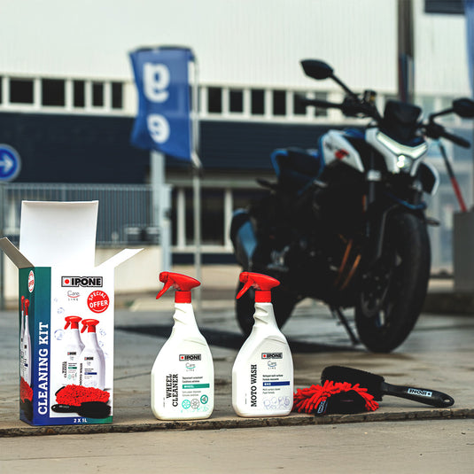IPONE Cleaning Kit with 1L Moto Wash, 1L Wheel Cleaner, Microfiber Wash Mitt and Wheel Rim Brush