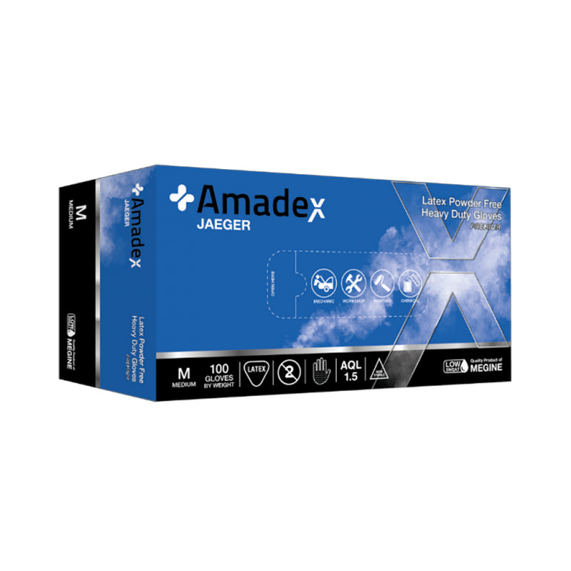 Load image into Gallery viewer, AMADEX LATEX HIGH RISK DISPOSABLE GLOVES BLUE SIZE XL 300MM JAEGER 50 PACK

