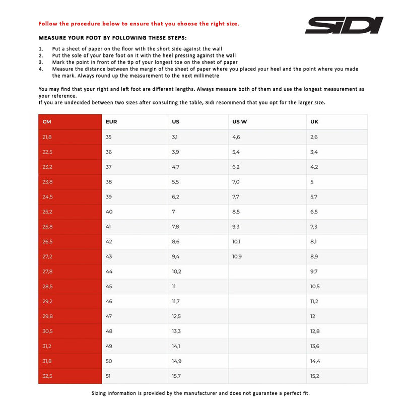 Load image into Gallery viewer, SIDI Motorcycle Boot - size chart
