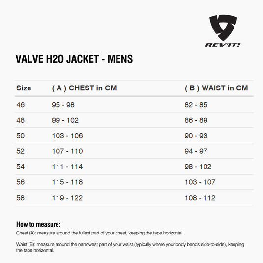 Size chart for REVIT Valve H2O Jacket - Mens