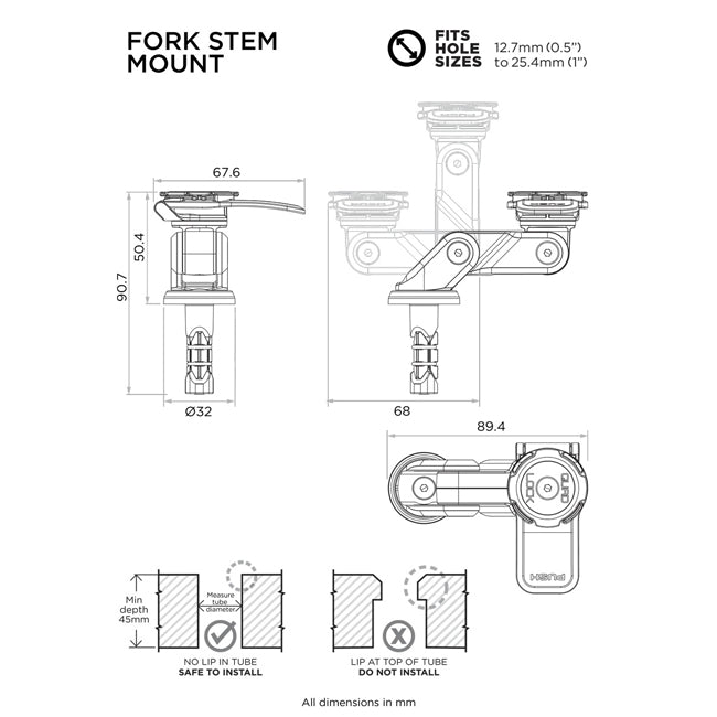 Load image into Gallery viewer, QLM-FSM-2 Quad Lock Fork Stem Mount dimensions
