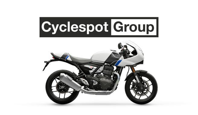 Load image into Gallery viewer, 2026 Triumph Thruxton 400 cafe racer motorcycle with Cyclespot Group logo above it on a white background
