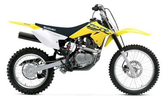 A 2026 Suzuki DR-Z 125 L Big Wheel with a bright yellow and white color scheme, black seat, and silver engine components, shown from a side profile on a white background.