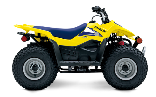 A 2026 Suzuki LT-Z50 QuadSport 50 in bright yellow and black with a dark blue seat, shown from a side profile view against a white background.