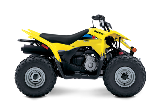 A yellow and black 2025 Suzuki LT-Z90 QuadSport 90 quad bike with knobby tires, shown from a side profile view against a white background.