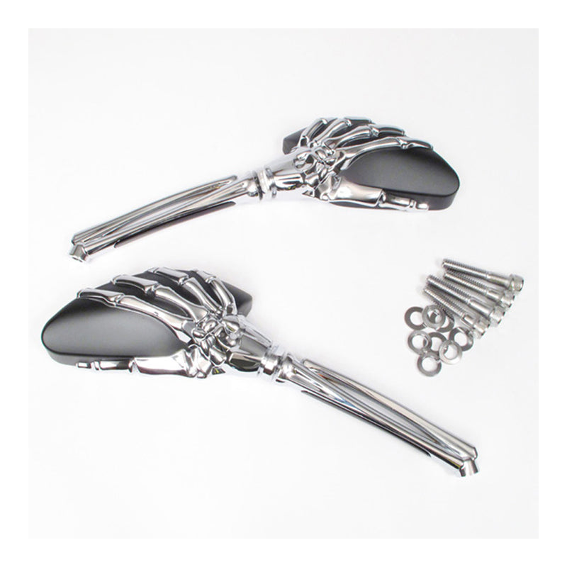 Load image into Gallery viewer, Whites Mirror - Universal Skeleton Hand Chrome / Black Harley (Pair)
