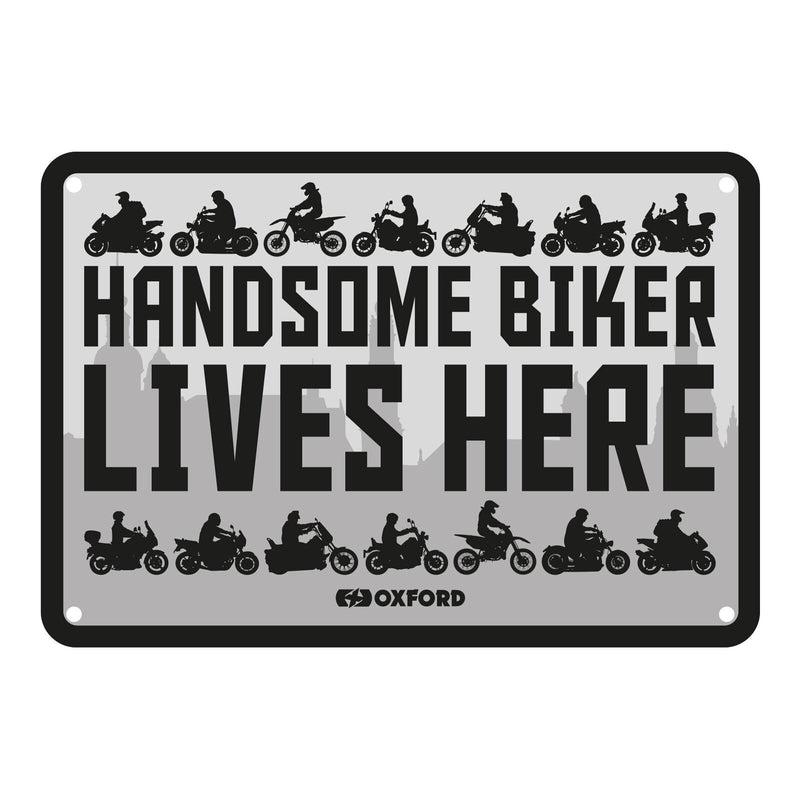 Load image into Gallery viewer, Oxford Garage Metal Sign: Handsome Biker Lives Here
