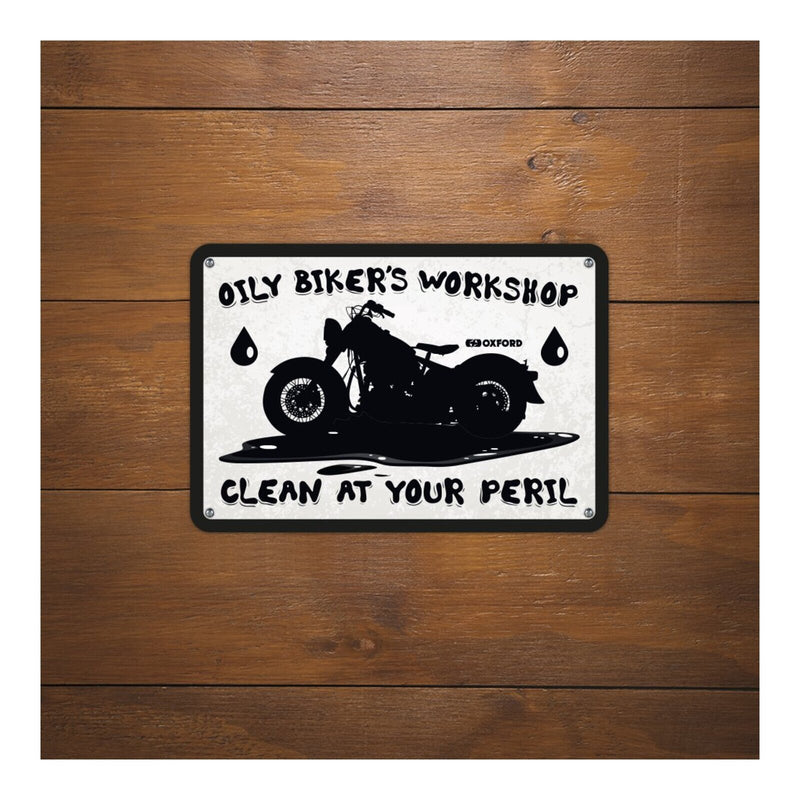 Load image into Gallery viewer, Oxford Garage Metal Sign: Oily Biker's Workshop
