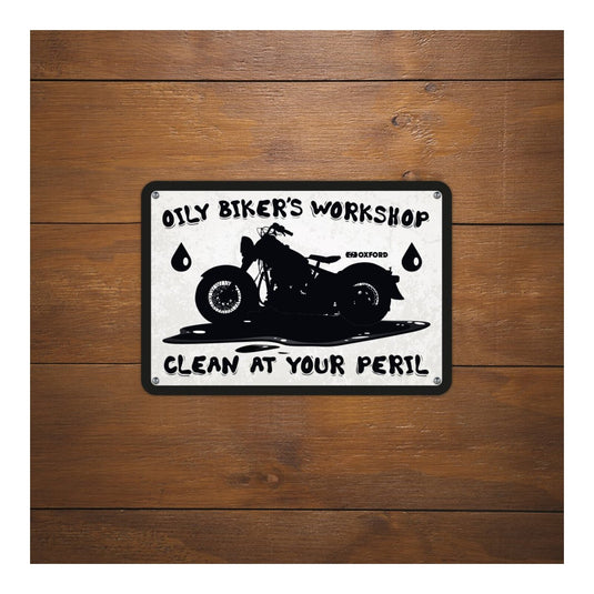 Oxford Garage Metal Sign: Oily Biker's Workshop