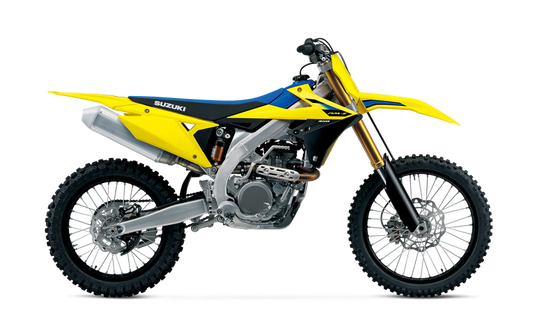 A 2026 Suzuki RM-Z450 dirt bike in bright yellow, blue, and black, shown from a side profile view against a solid white background.