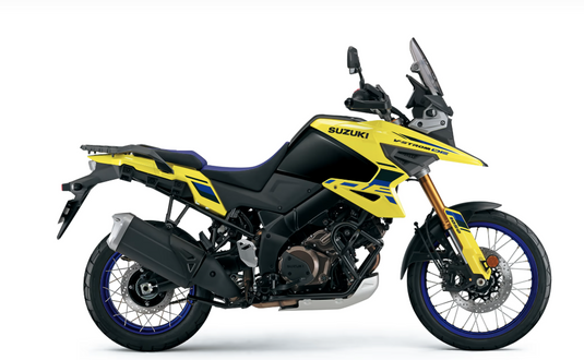 A Suzuki 2025 Suzuki V-Strom 1050 RJ motorcycle in yellow and black, shown from a side profile view against a plain white background.