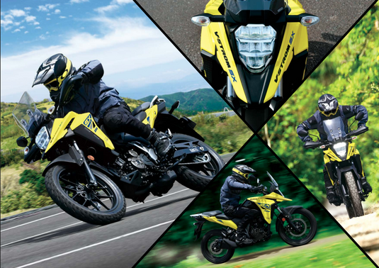 A collage of four photos showing a yellow and black 2025 Suzuki V-Strom 250SX motorcycle in different riding positions and environments, including a rider leaning forward on a winding road and close-up views of the front headlight and side bodywork.