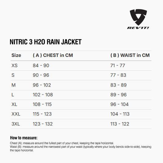 Size chart for REVIT Nitric 3 H2O Rain Jacket