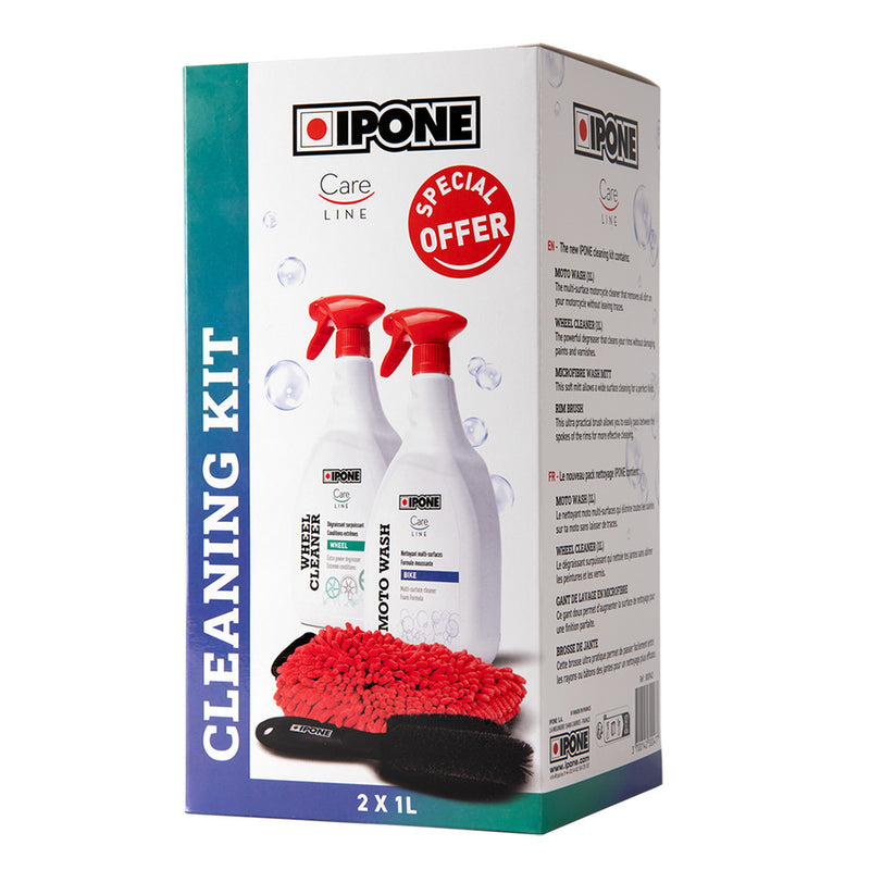 Load image into Gallery viewer, IPONE Cleaning Kit with 1L Moto Wash, 1L Wheel Cleaner, Microfiber Wash Mitt and Wheel Rim Brush
