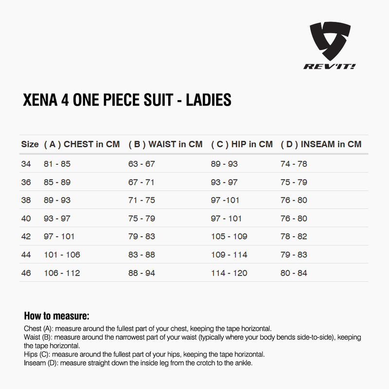 Load image into Gallery viewer, Size chart for REVIT Xena 4 RaceSuit - Ladies
