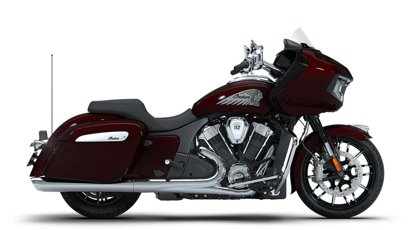 Load image into Gallery viewer, A side profile view of an 2026 Indian Challenger Limited Motorcycle touring bike in deep burgundy with chrome accents, black seat, and saddlebags, set against a plain white background.
