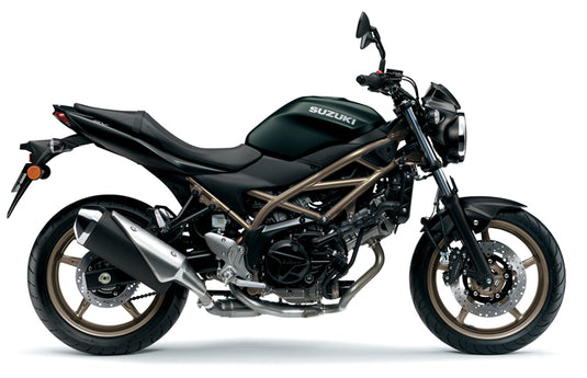 A black 2025 Suzuki SV 650 A motorcycle with a treble-cradle frame and bronze-colored wheels, shown in a side profile on a white background.