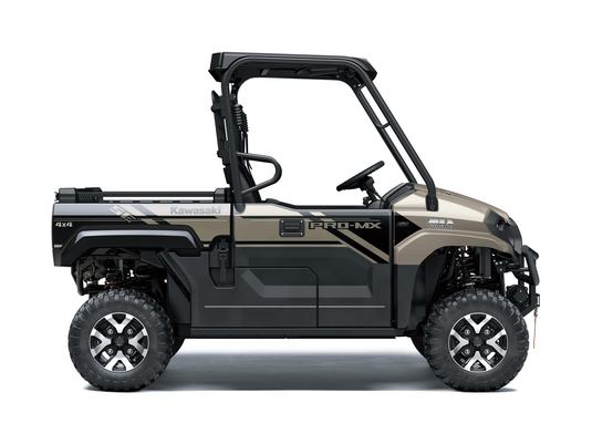 A side profile view of a Kawasaki Pro-MX 4x4 utility side-by-side vehicle in a black and tan color scheme, set against a plain white background.