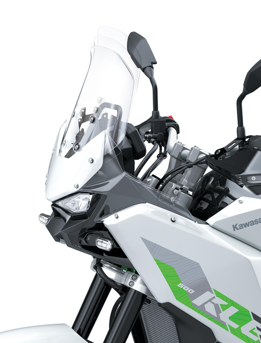 Close-up of a 2026 Kawasaki KLE500 SE (LAMS)motorcycle with a clear adjustable windshield and green accents on a white background