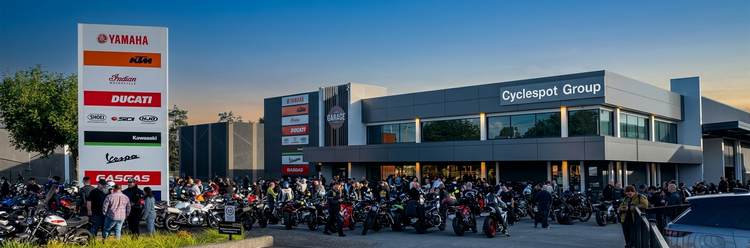 Cyclespot Group motorcycle dealership flagship store in Wairau, Auckland, featuring a wide range of premium motorcycle brands, riding gear, and expert workshop services.