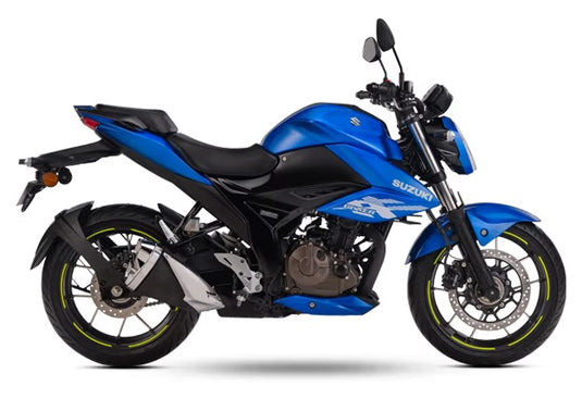 A blue and black 2025 Suzuki GSX 250 LAMS motorcycle shown from a side profile view against a plain white background.