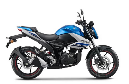 2025 Suzuki GSX 150 LAMS motorcycle in blue, black, and silver, shown from a side profile view against a white background.