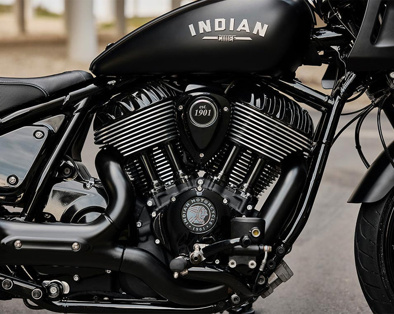 Load image into Gallery viewer, Close-up of a black Indian motorcycle engine and fuel tank with white 'INDIAN' branding on a blurred outdoor background.
