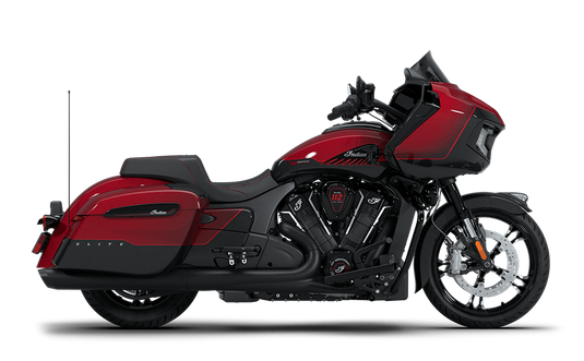 A red and black 2026 Indian Challenger 125th Anniversary motorcycle shown in a side profile view against a solid white background.