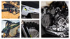 A six-panel collage showing close-up details of a Triumph TF 450-E motorcycle: handlebar controls, body panel graphics, engine components, front fender, tire sidewall, and side bodywork.
