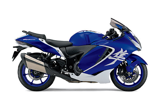 Load image into Gallery viewer, A blue and white 2026 Suzuki Hayabusa GSX 1300 RR Special Edition supersport motorcycle shown from a side profile view against a plain white background.
