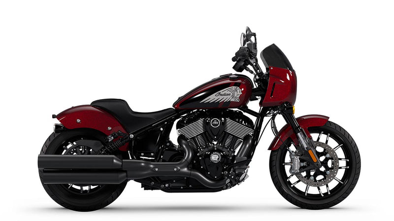 Load image into Gallery viewer, A side profile view of a cruiser motorcycle, specifically an Indian Sport Chief, in a deep metallic red and black color scheme, set against a plain white studio background.
