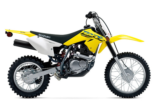 A 2023 Suzuki DR-Z125 Small Wheel dirt bike in yellow, black, and white, shown from a side profile view against a solid white background.